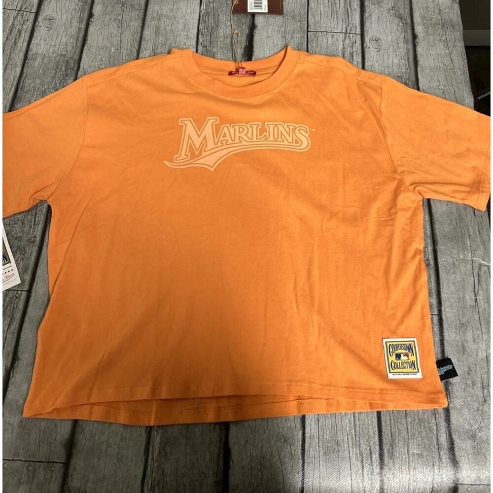 NWT Women’s Mitchell & Ness Miami Marlins Boxy Crop Tee Orange XL Cooperstown